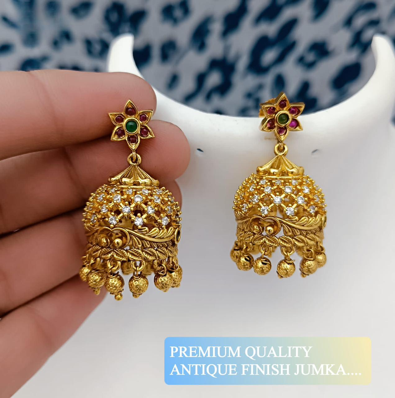 Premium Antique Finish Stone Jhumka Earrings