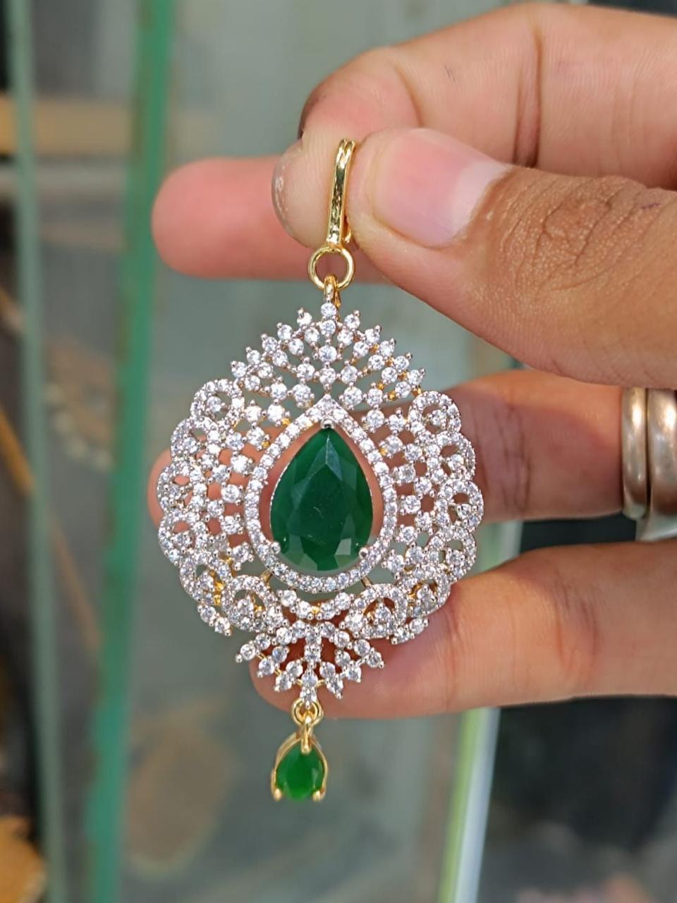 Beautiful Premium GJ Finish Cz Stone Pendant Maang Tikkas- Green