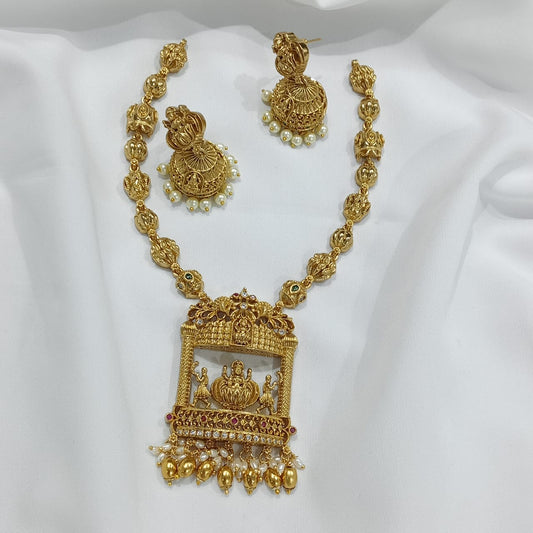 Premium Matte Finish Temple Jewelry Beads Haram Necklace with Jhumka Earrings