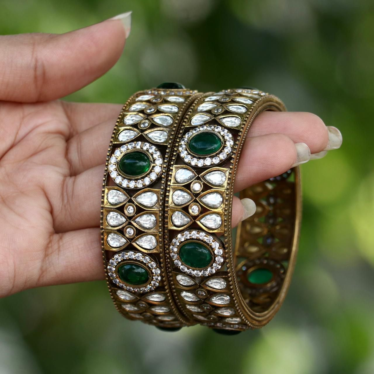 Grand Designer Wear Victorian Broad Bangles set of 2, Party Wear- Green