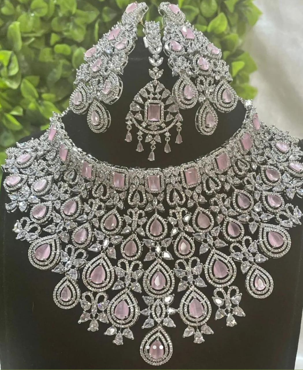 Unique CZ Stone Bridal Choker Necklace with Earrings and Tikka -Silver and RoseGold polish