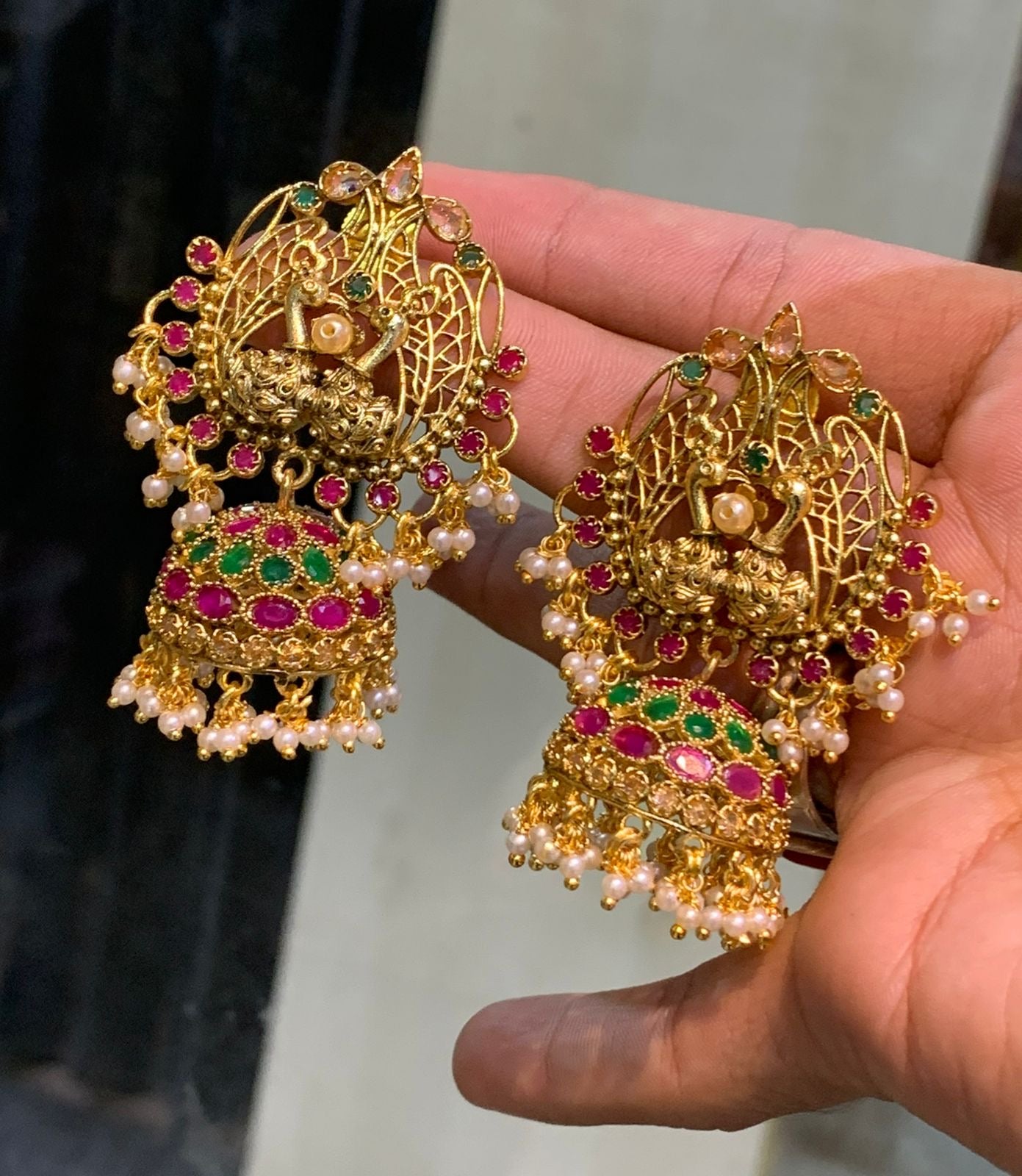 Premium Matte Finish Bridal Jhumkas -Classy Peacock Motif Guttapushalu Earrings