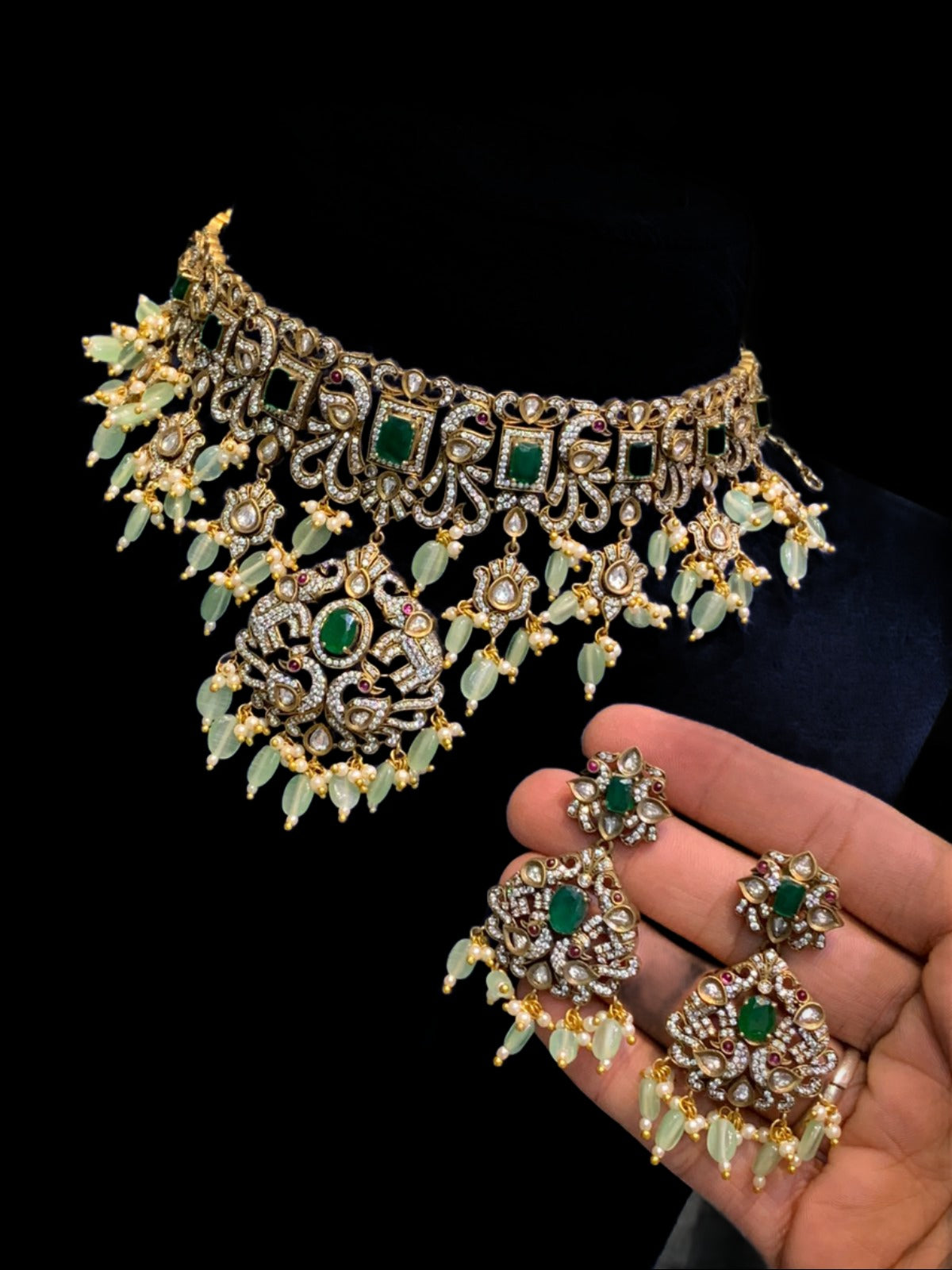 Bridal Victorian polish Ensemble-Necklace with Earrings- Green