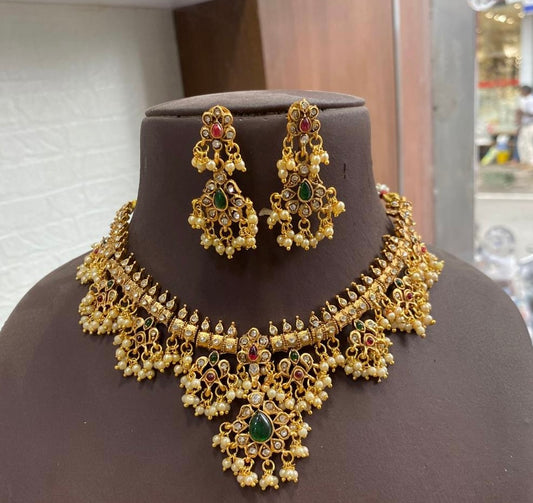 Matte Finish Guttapushalu Necklace Set With Earrings -Red