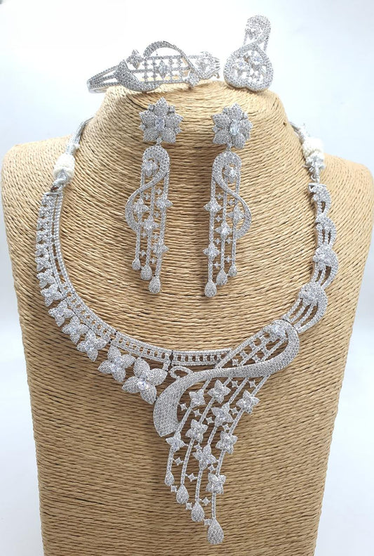 Beautiful AD Silver Necklace Set with Earrings,Bracelet and Ring