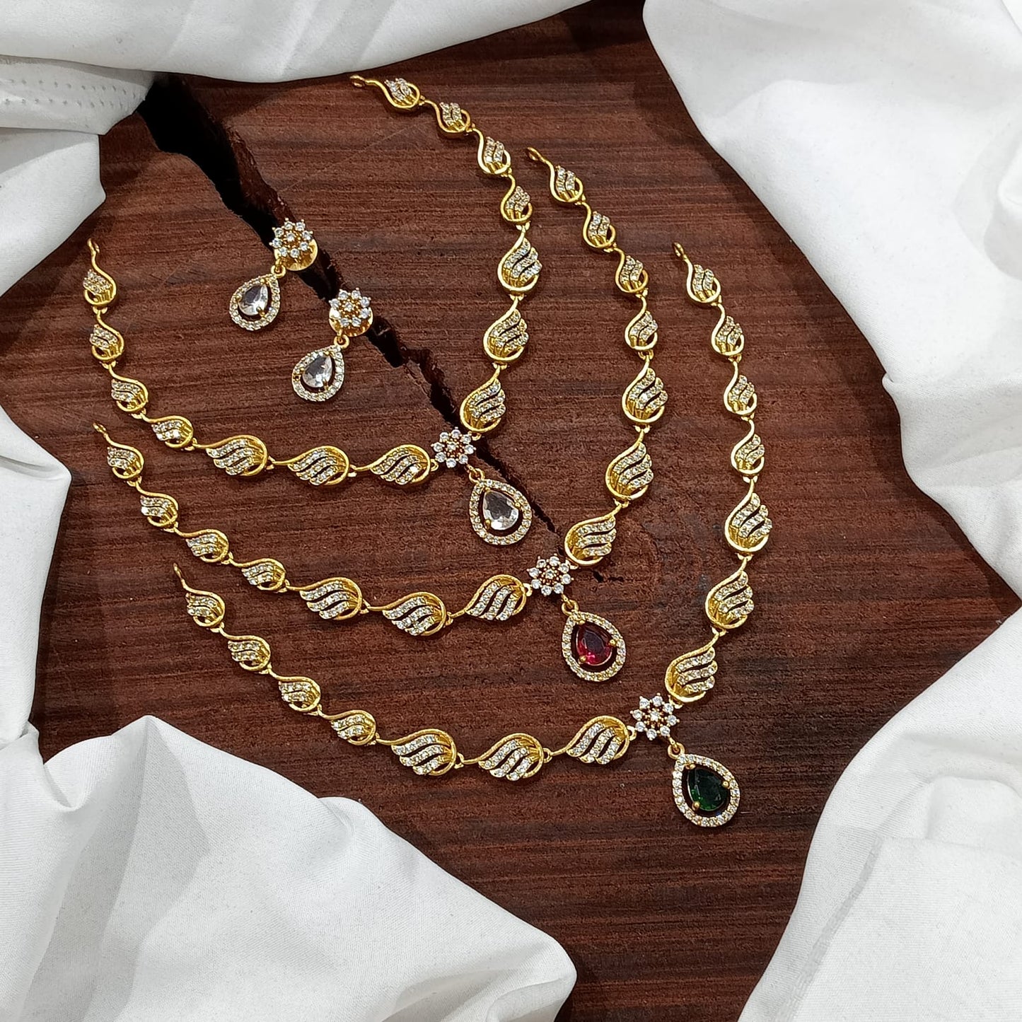 Beautiful AD Stone Necklace Set With Earrings-White,Red,Green