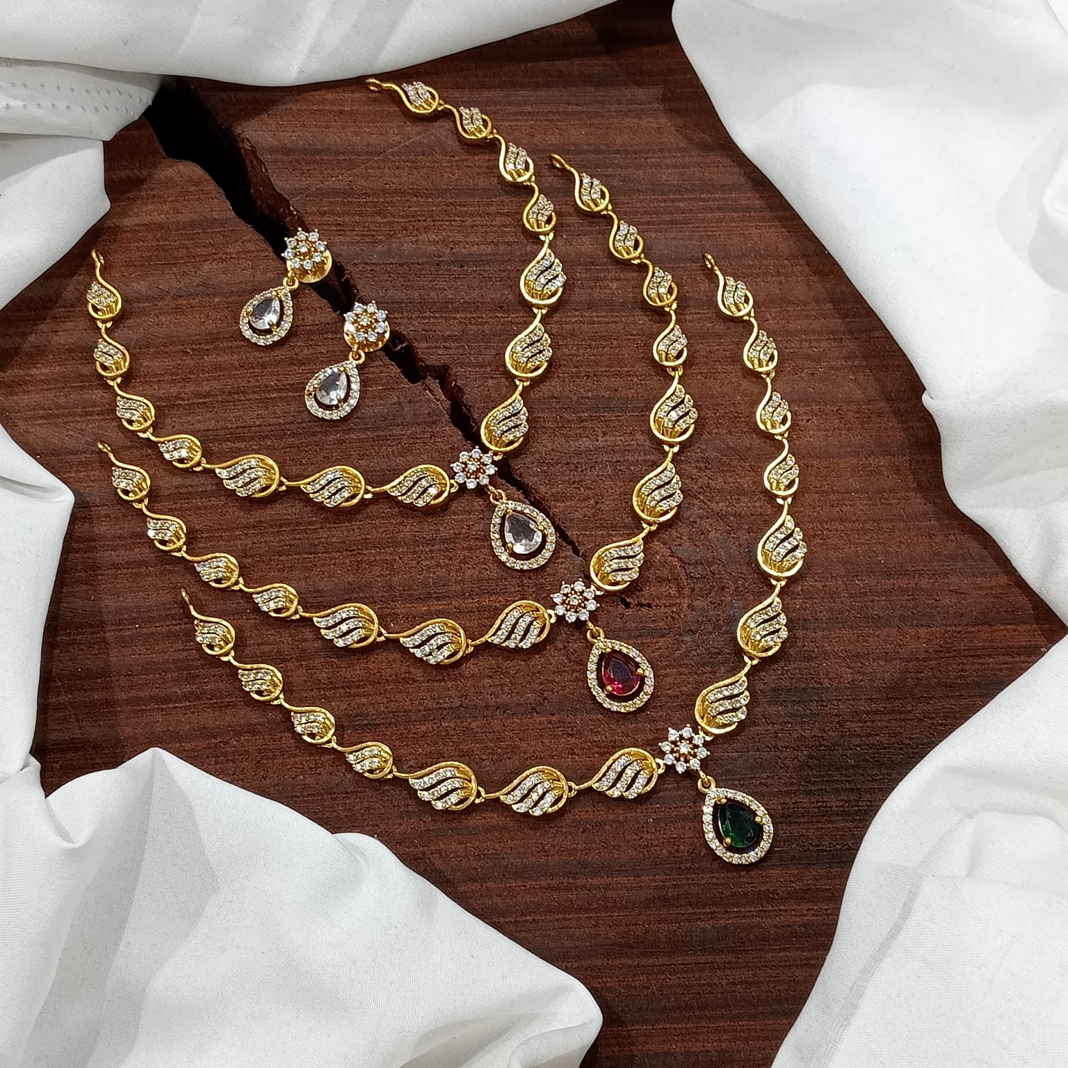 Beautiful AD Stone Necklace Set With Earrings-White,Red,Green