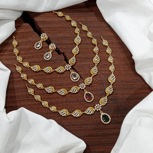 Beautiful AD Stone Necklace Set With Earrings-White,Red,Green