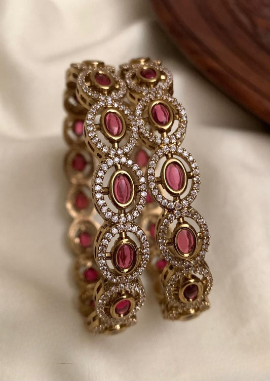 Beautiful American Diamond Antique Finish Stone Bangles -Set Of 2-Pink