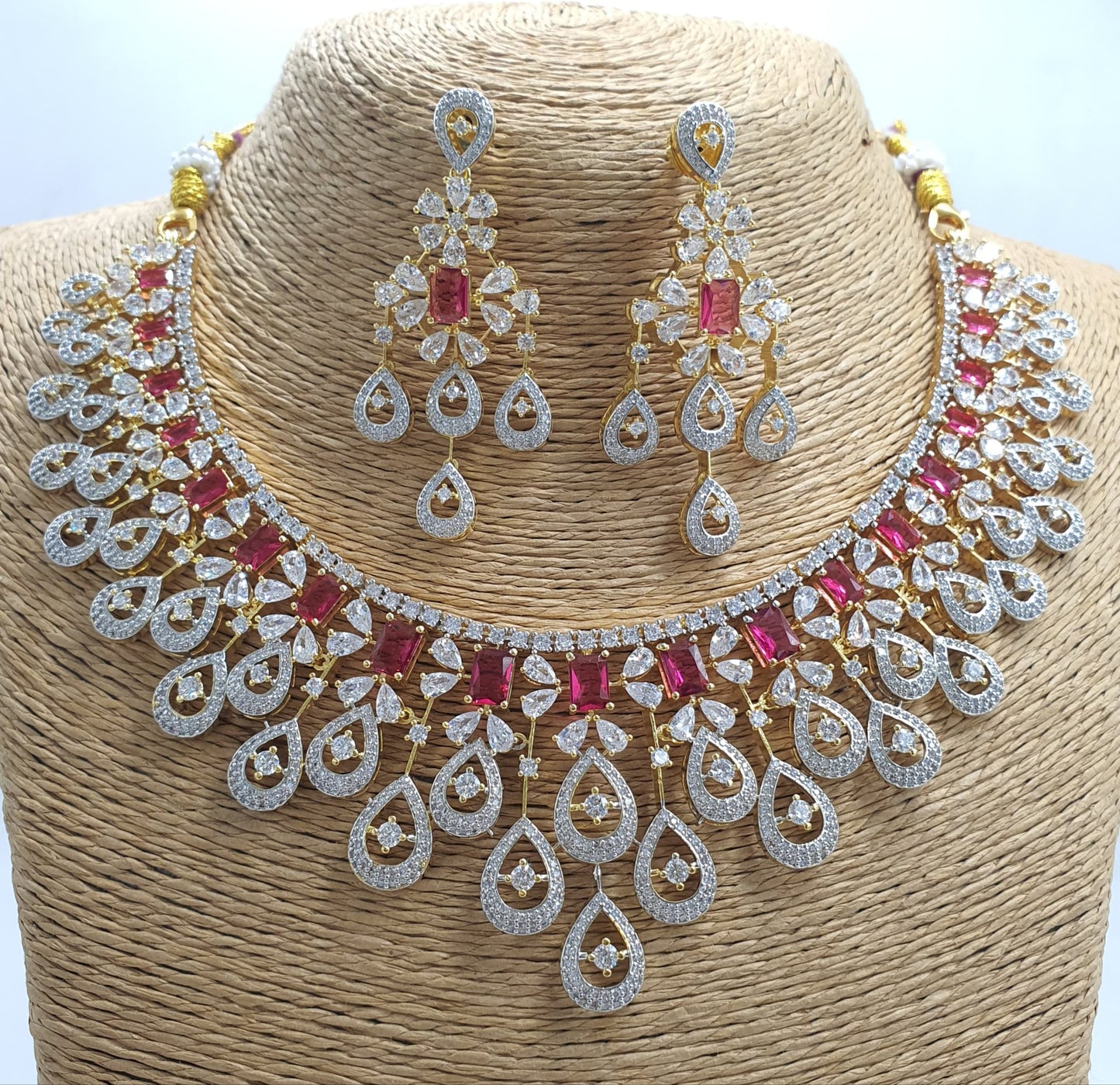 Beautiful American Diamond Stone Choker Necklace Set With Earrings - Gold Finish
