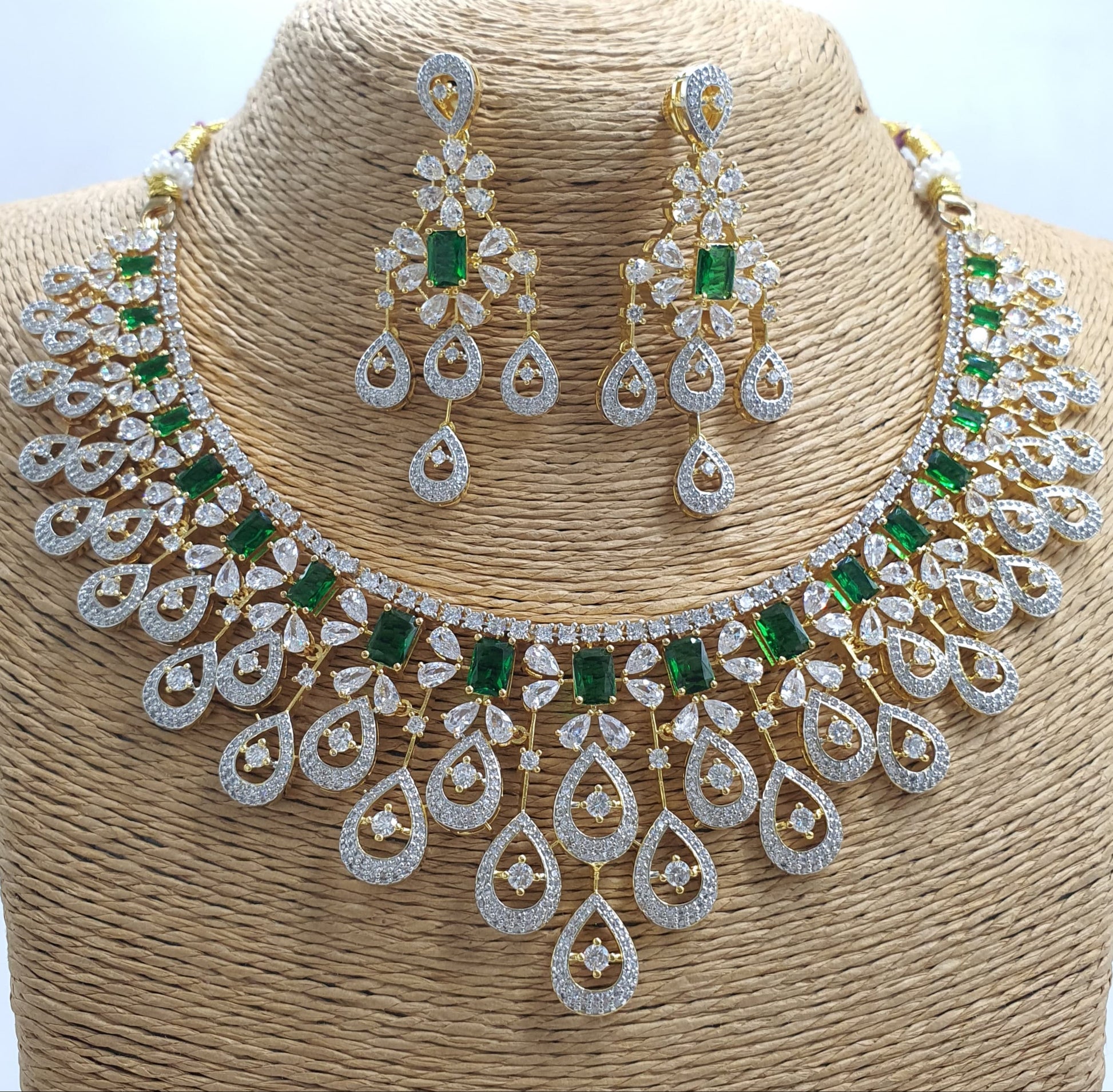 Beautiful American Diamond Stone Choker Necklace Set With Earrings - Gold Finish