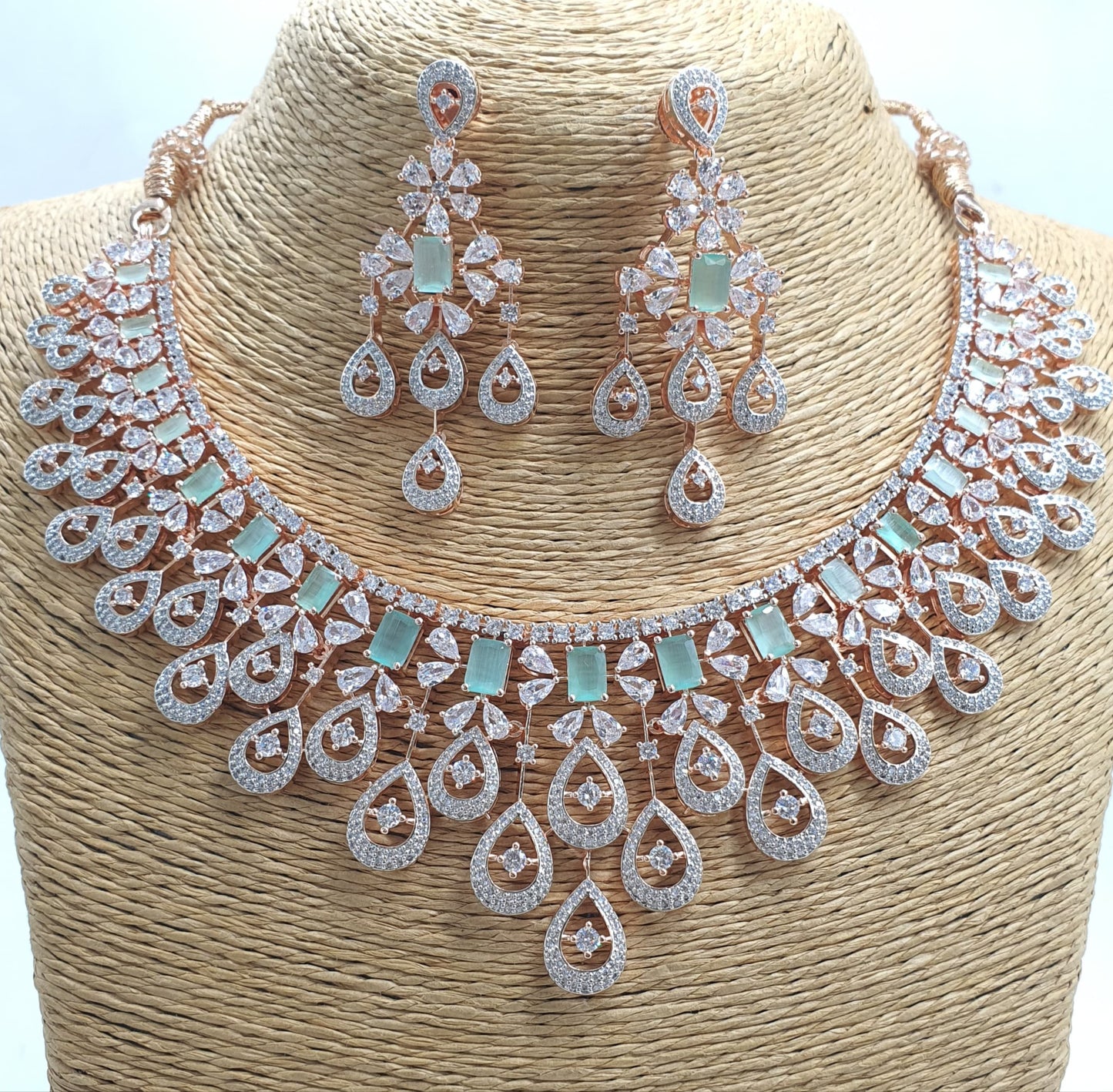 Beautiful American Diamond Stone Choker Necklace Set With Earrings - Rose Gold Polish