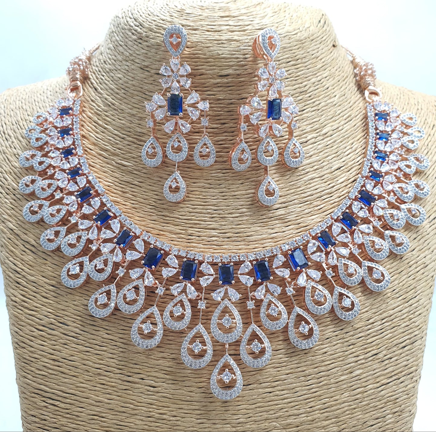 Beautiful American Diamond Stone Choker Necklace Set With Earrings - Rose Gold Polish