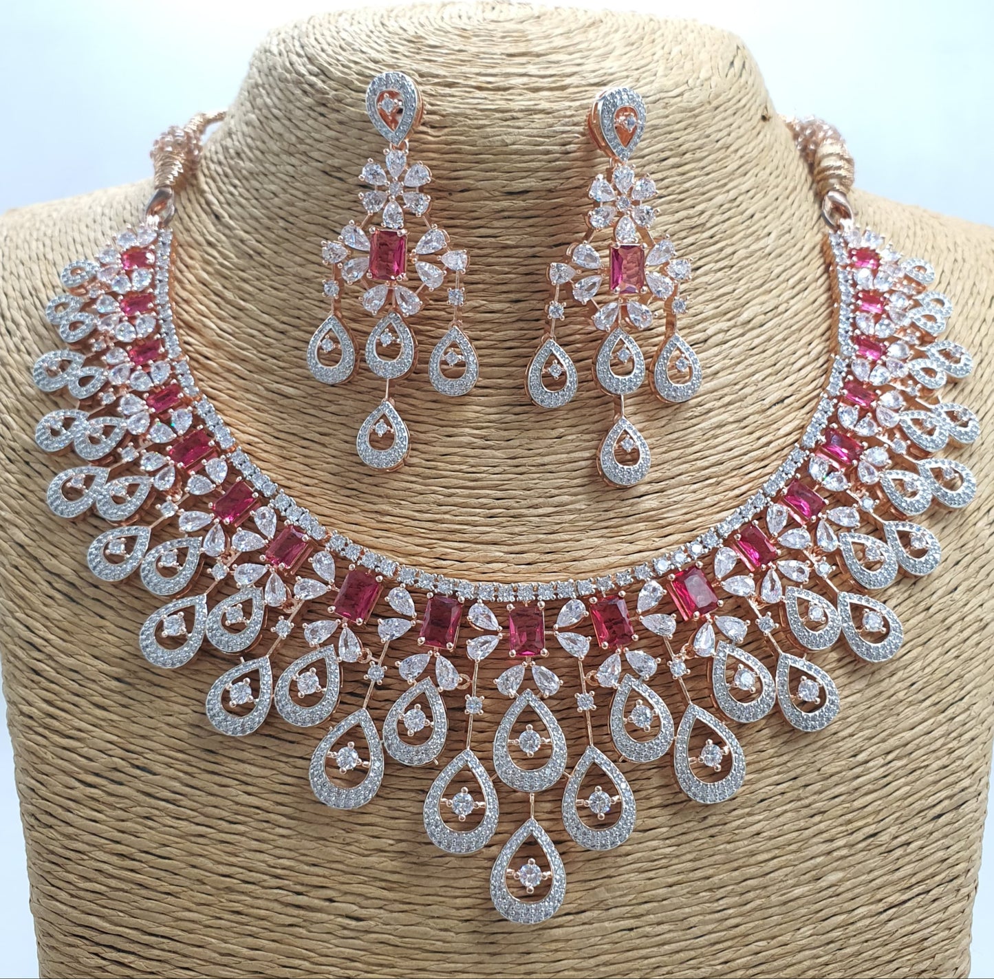 Beautiful American Diamond Stone Choker Necklace Set With Earrings - Rose Gold Polish