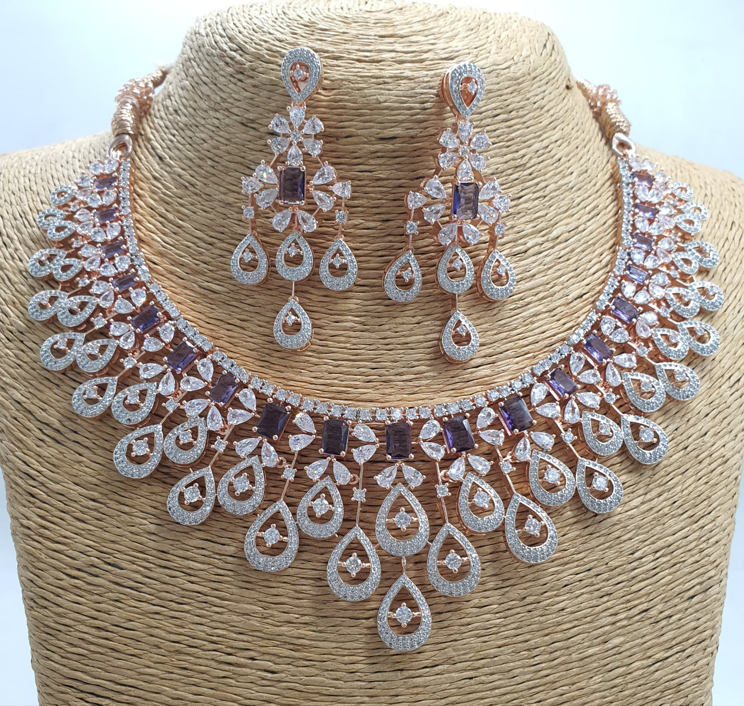 Beautiful American Diamond Stone Choker Necklace Set With Earrings - Rose Gold Polish