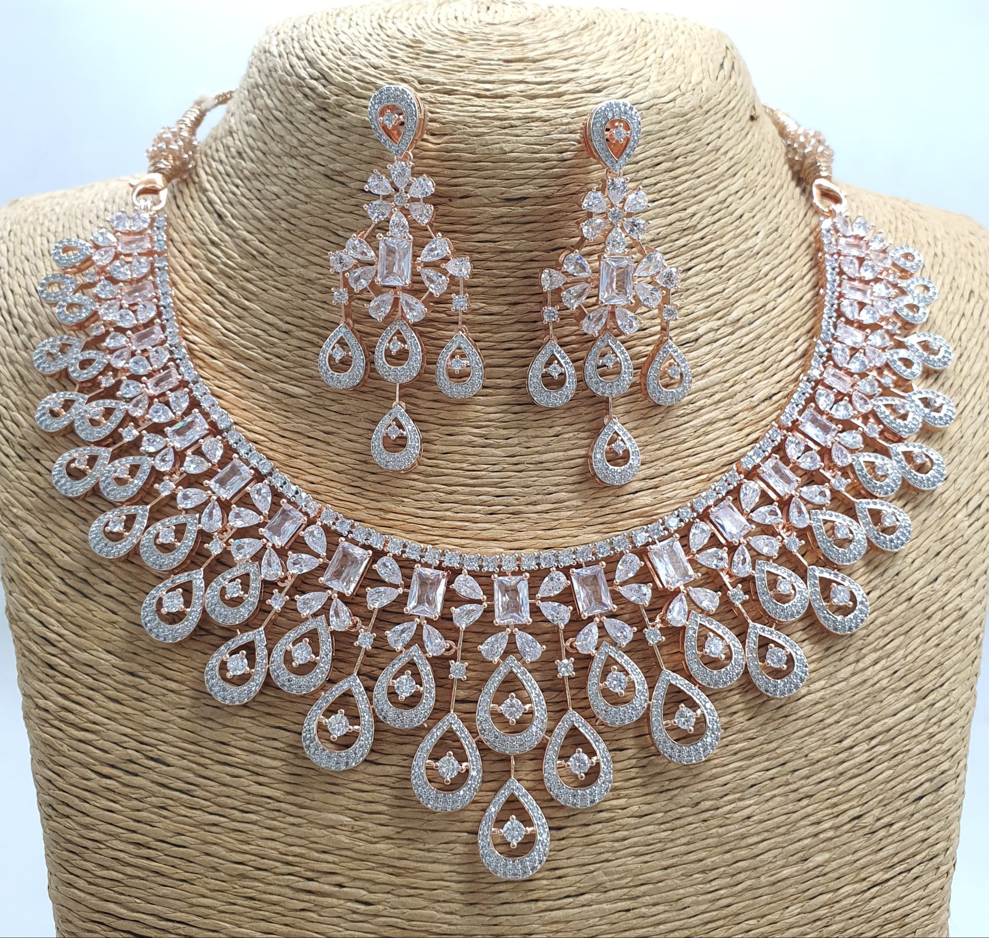 Beautiful American Diamond Stone Choker Necklace Set With Earrings - Rose Gold Polish