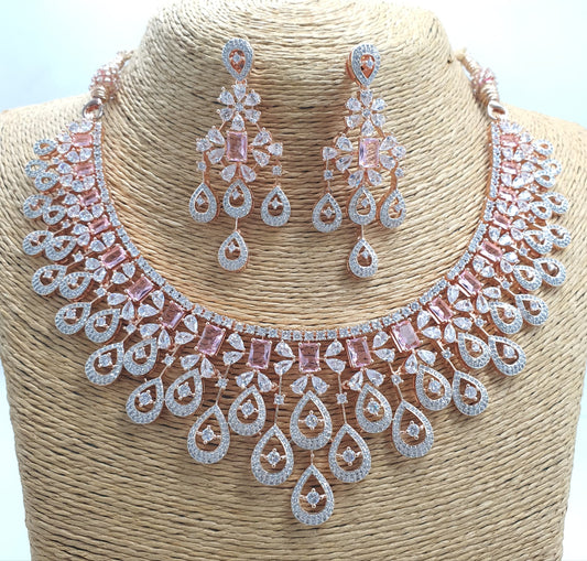 Beautiful American Diamond Stone Choker Necklace Set With Earrings - Rose Gold Polish