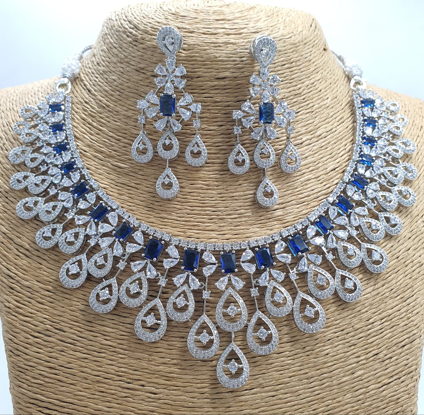 Beautiful American Diamond Stone Choker Necklace Set With Earrings - Silver Finish