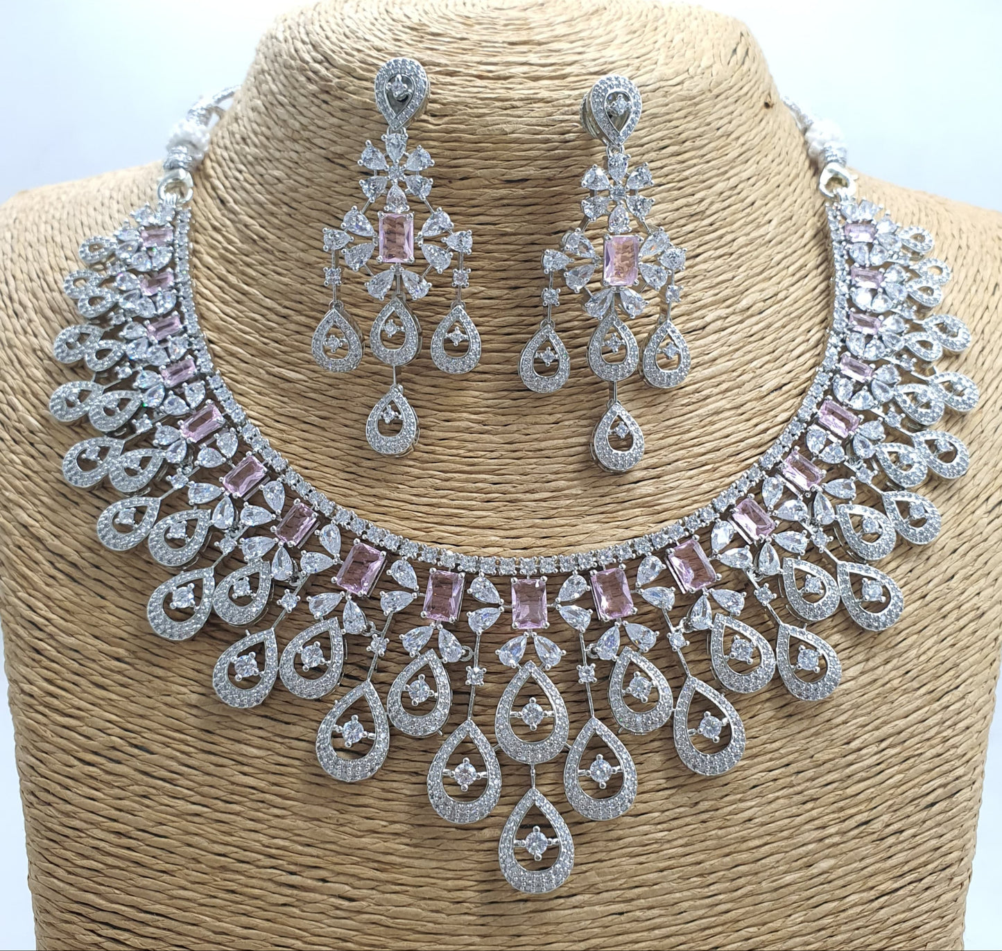 Beautiful American Diamond Stone Choker Necklace Set With Earrings - Silver Finish