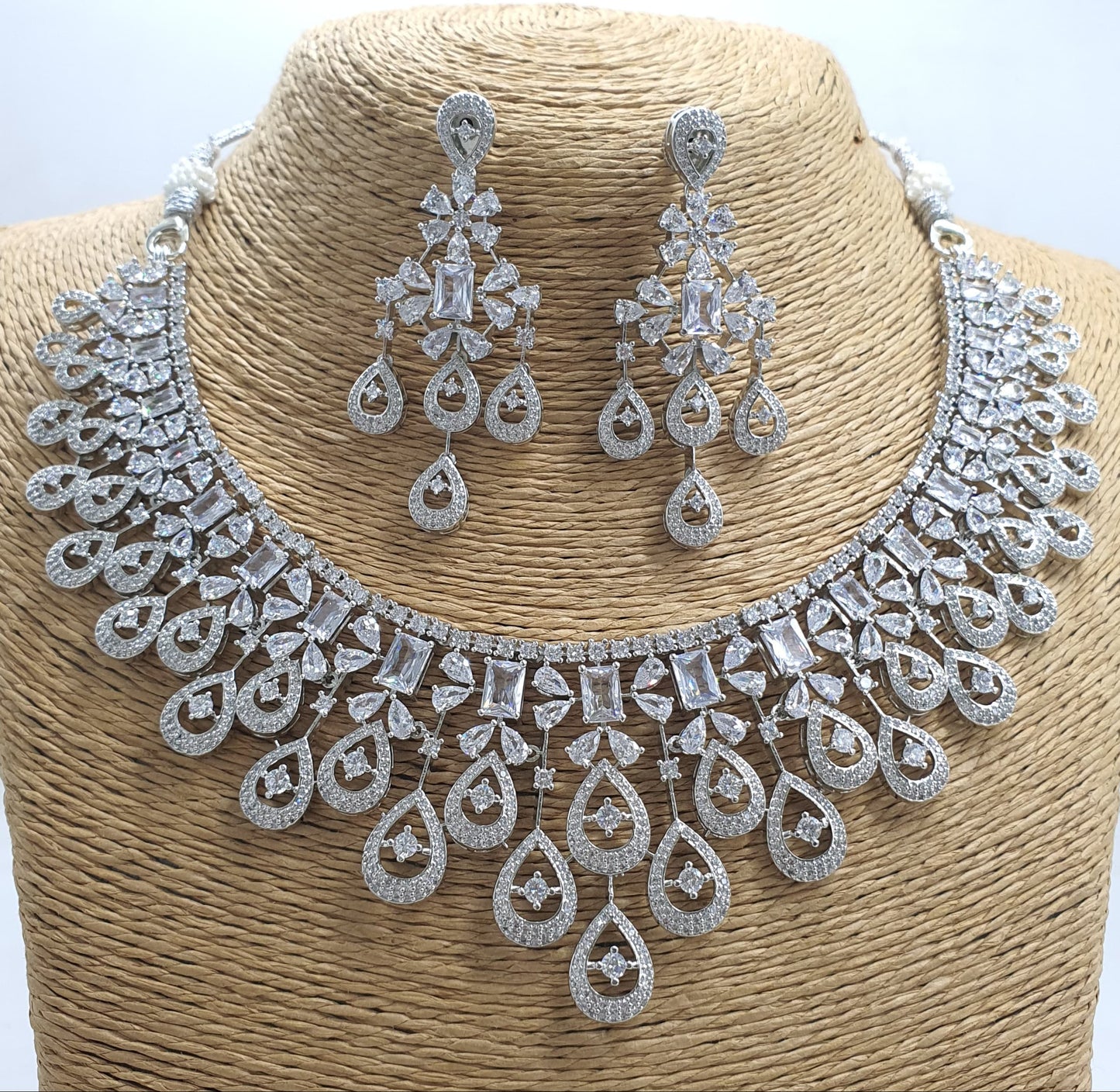 Beautiful American Diamond Stone Choker Necklace Set With Earrings - Silver Finish