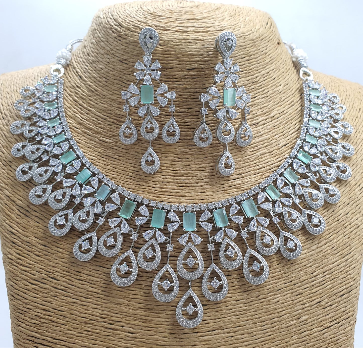 Beautiful American Diamond Stone Choker Necklace Set With Earrings - Silver Finish