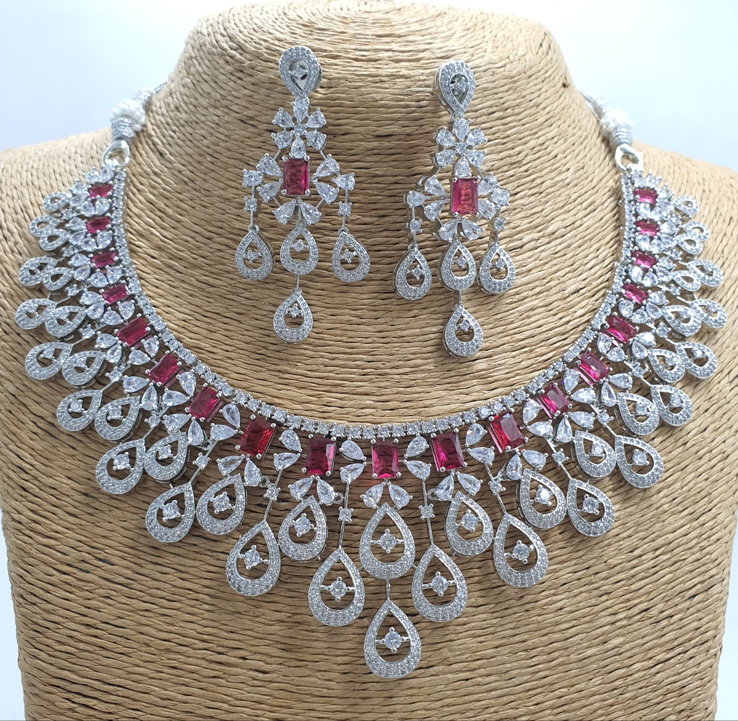 Beautiful American Diamond Stone Choker Necklace Set With Earrings - Silver Finish