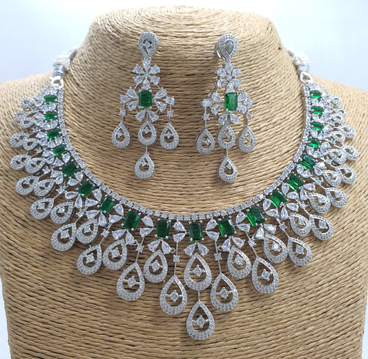 Beautiful American Diamond Stone Choker Necklace Set With Earrings - Silver Finish
