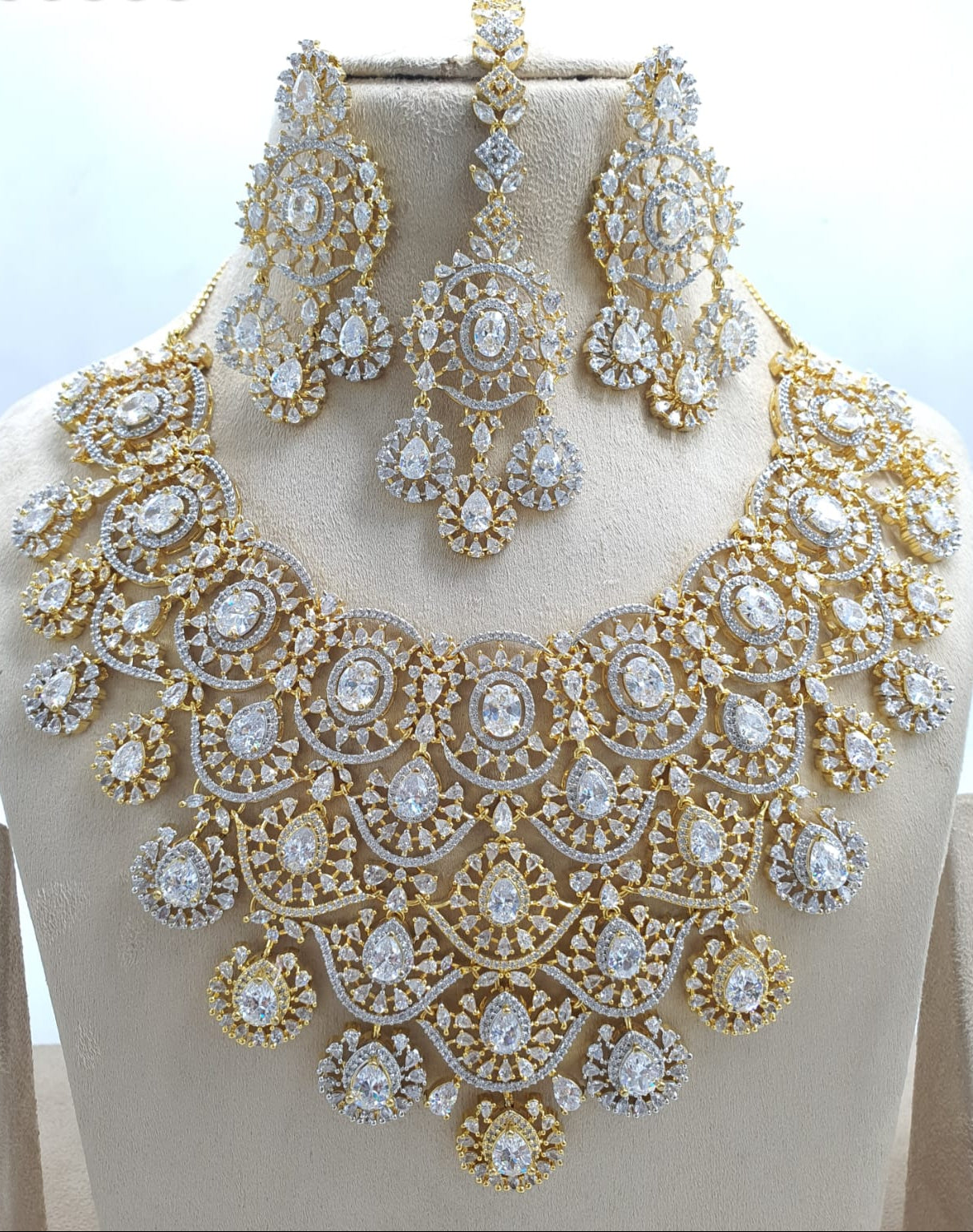 Beautiful American Diamond Stone Choker Necklace Set With Earrings And Tikka- Gold Finish