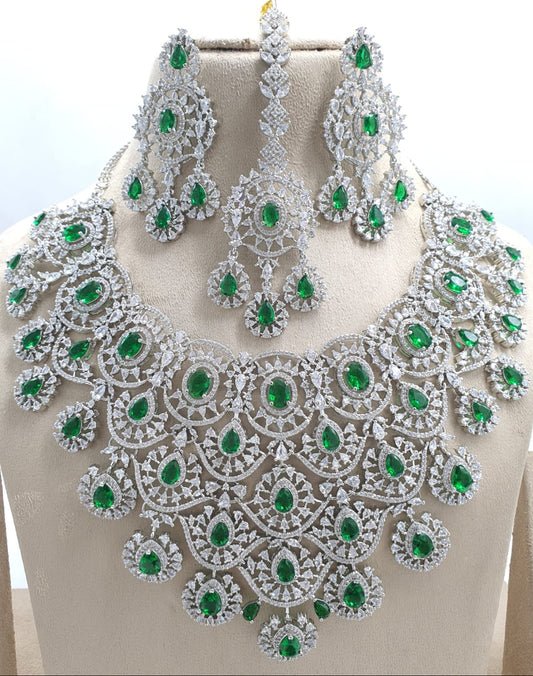 Beautiful American Diamond Stone Choker Necklace Set With Earrings - Silver Finish