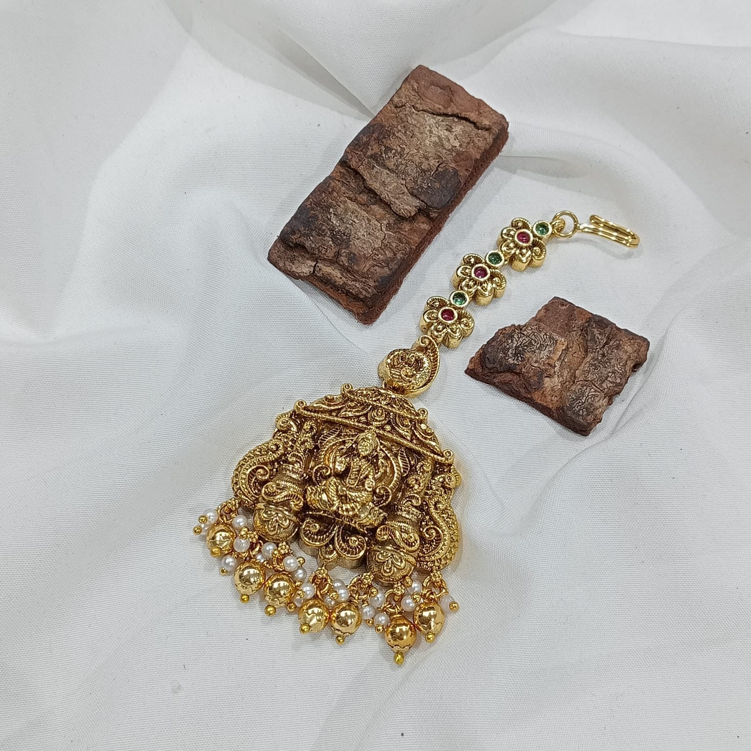 Beautiful Antique Finish Kemp Maang Tikkas - Lakshmi Motif