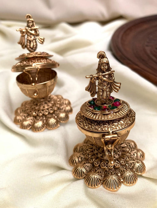 Beautiful Antique Kumkum Box with  Krishna Motif- Return Gifts - Multicolor - 1pc