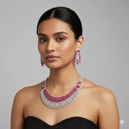 Beautiful Bridal AD Stone Layer Necklace Set With Stud Earrings - Silver Finish