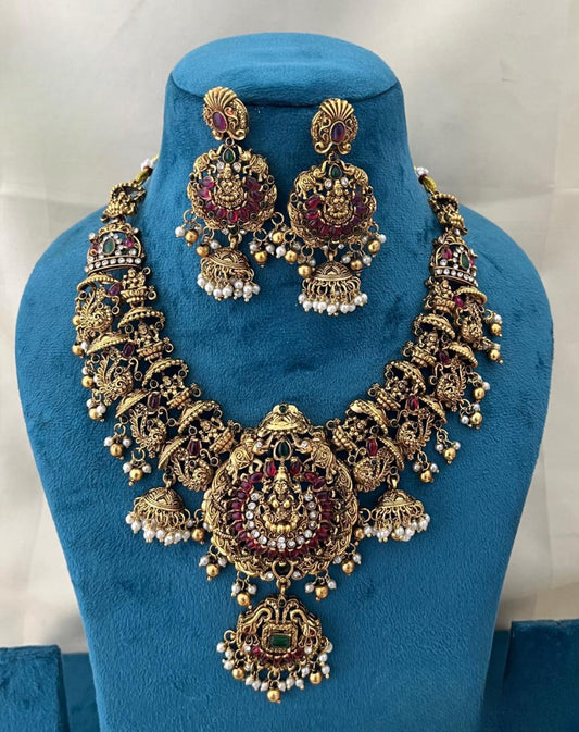 Beautiful Matte Finish Temple Beaded Necklace Set With Earrings