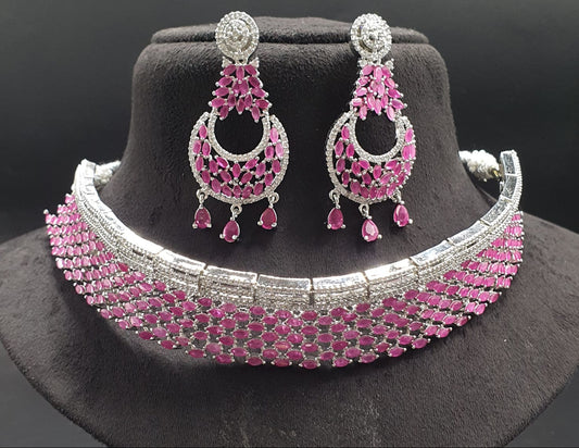 Beautiful Premium American Diamond Necklace Set with Earrings - Silver Polish
