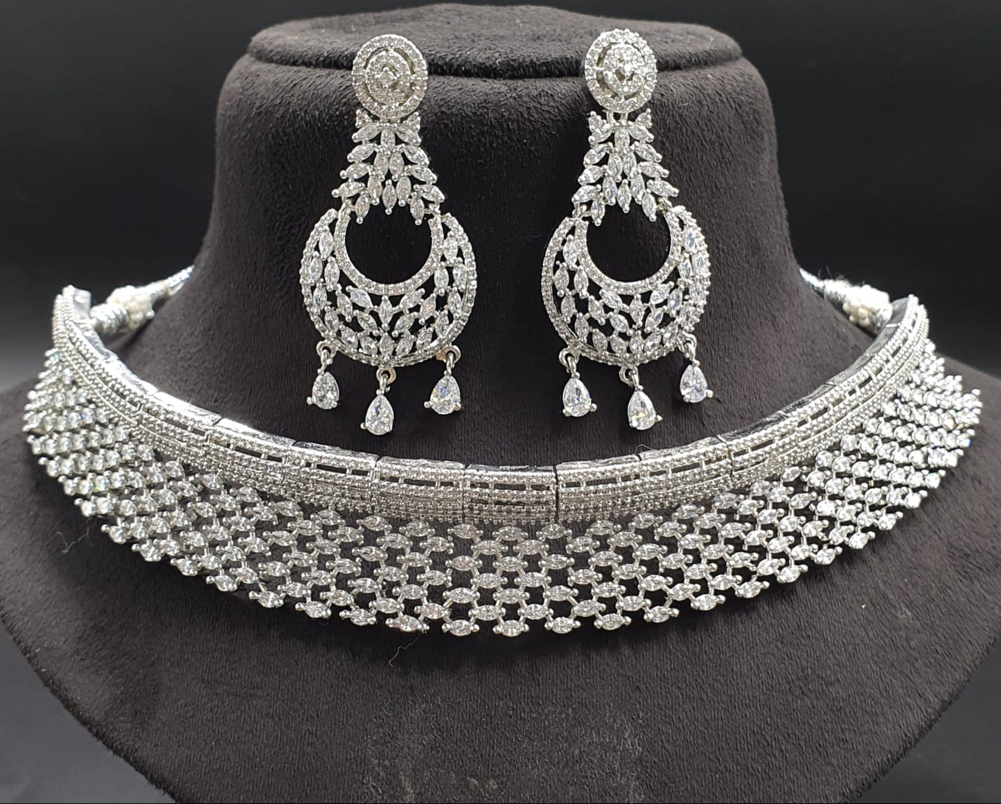 Beautiful Premium American Diamond Necklace Set with Earrings - Silver Polish