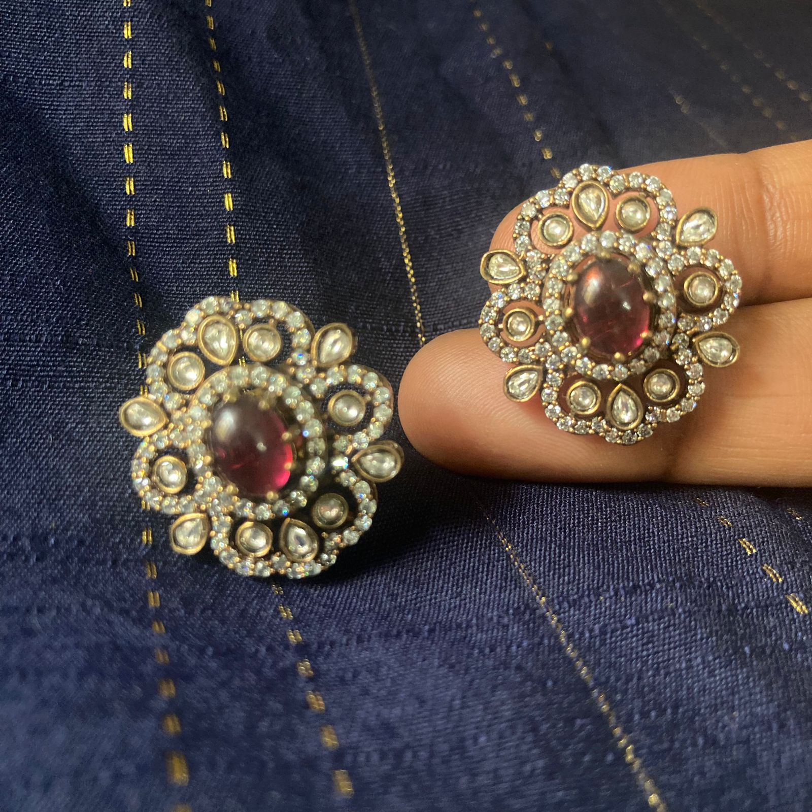 Beautiful Premium Antique Finish CZ Stone Big Stud Earrings - 1 Pair