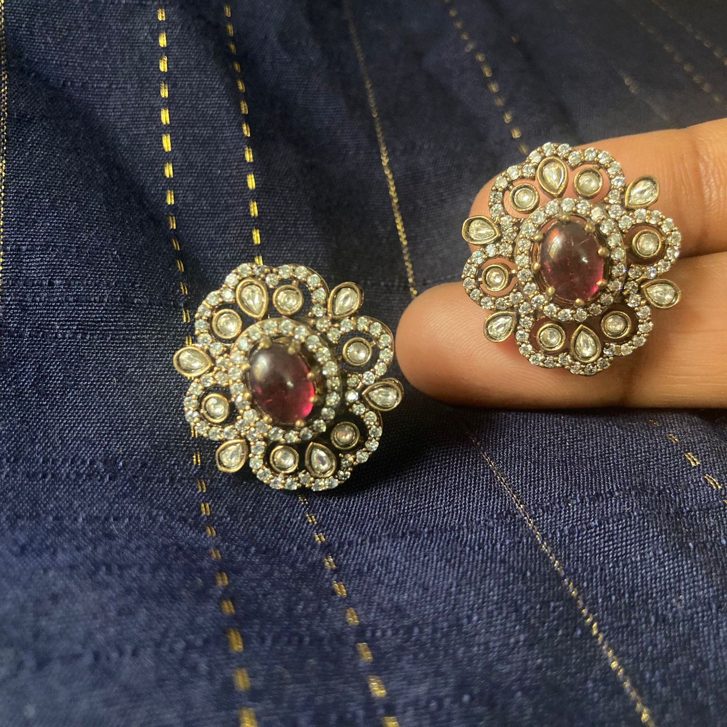 Beautiful Premium Antique Finish CZ Stone Big Stud Earrings - 1 Pair