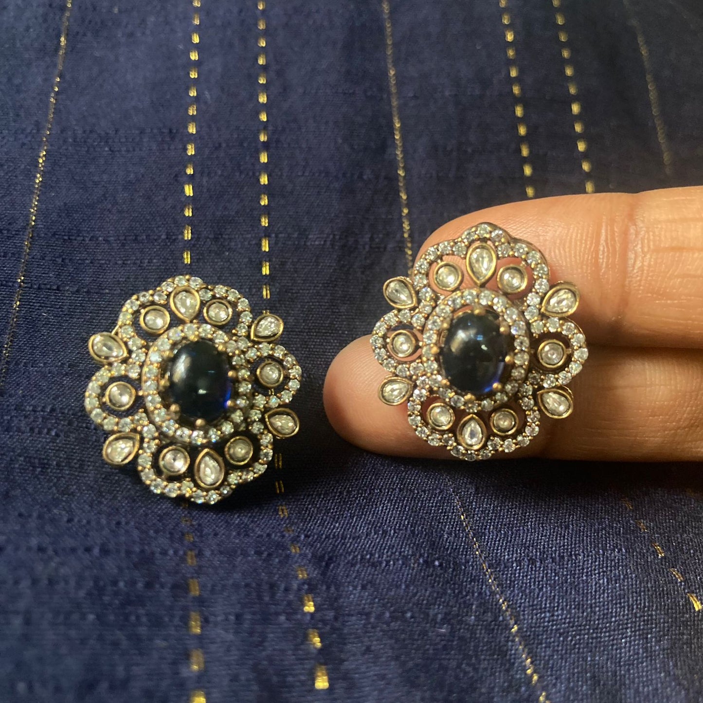 Beautiful Premium Antique Finish CZ Stone Big Stud Earrings - 1 Pair