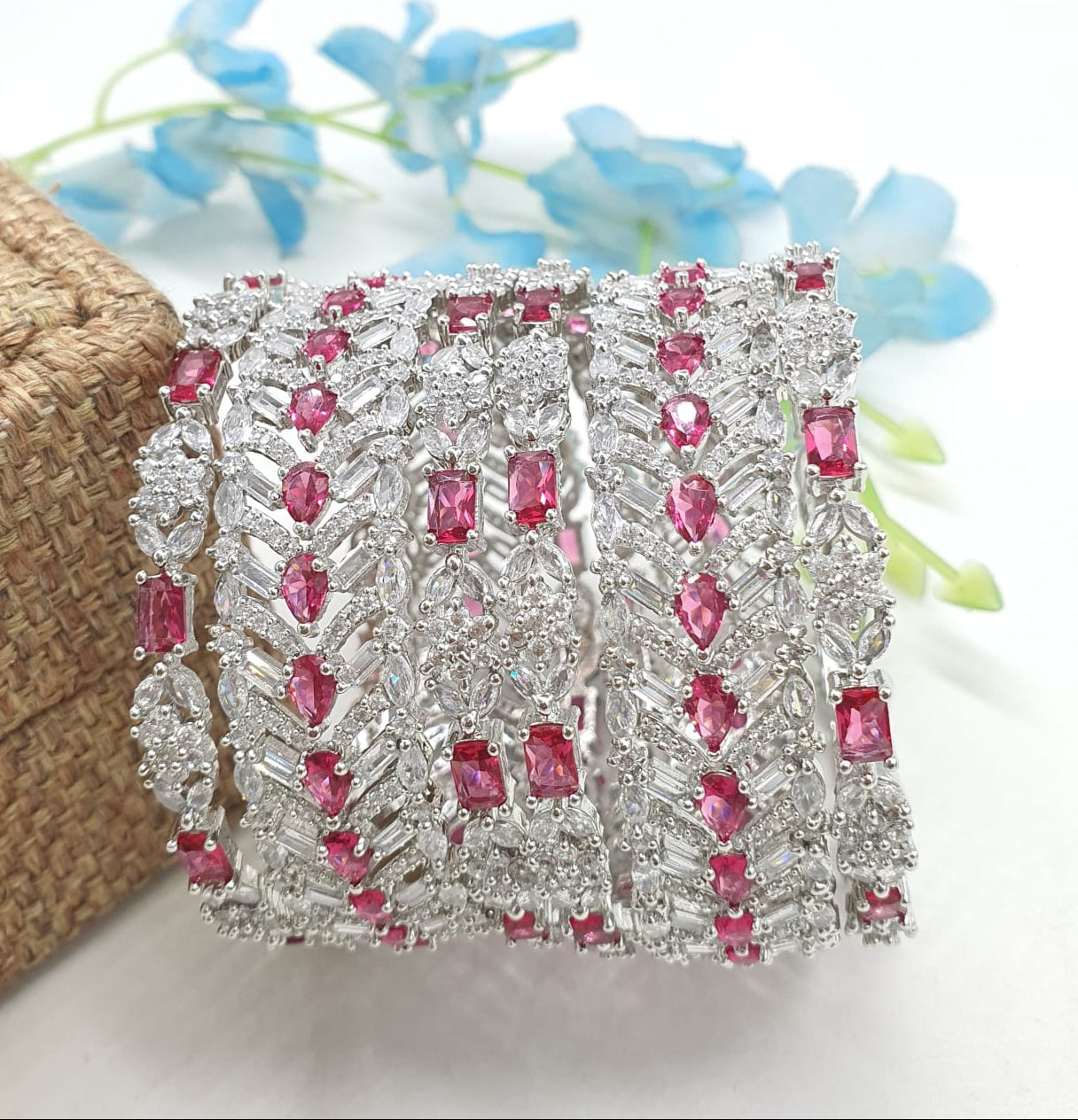 Beautiful Premium  Silver Finish CZ Stone Bridal Bangles - Pink - 6 Pieces