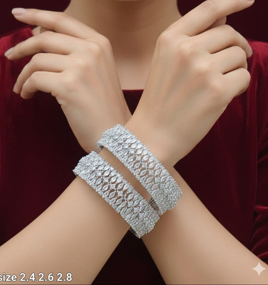 Beautiful Silver Finish AD Stone Broad Bangles  -Set Of 2