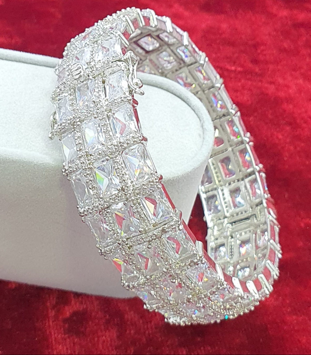 Beautiful Silver Finish American Diamond Stone Broad Bangles -Set Of 2