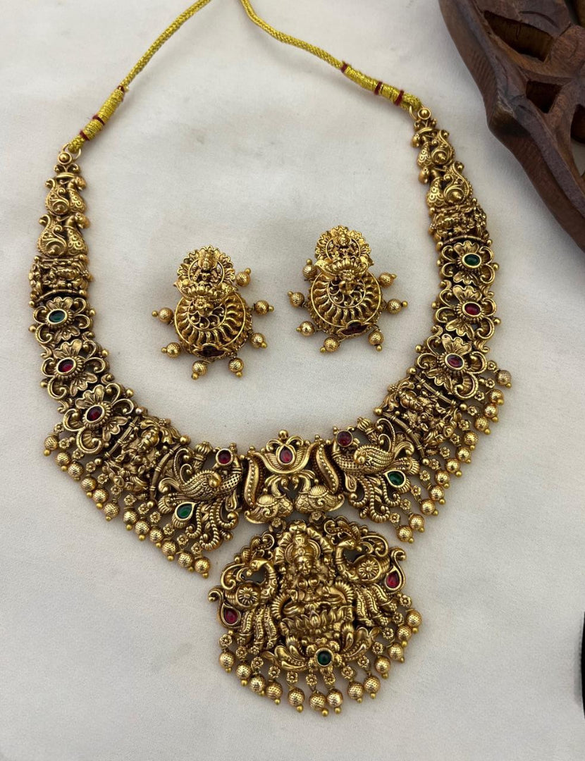 Bridal Antique Finish Lakshmi Beaded Necklace Set With Earrings - Multicolor