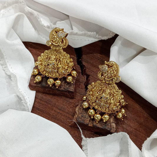 Bridal Premium Antique Matte Finish Jhumkas - Lakshmi Motif Earrings
