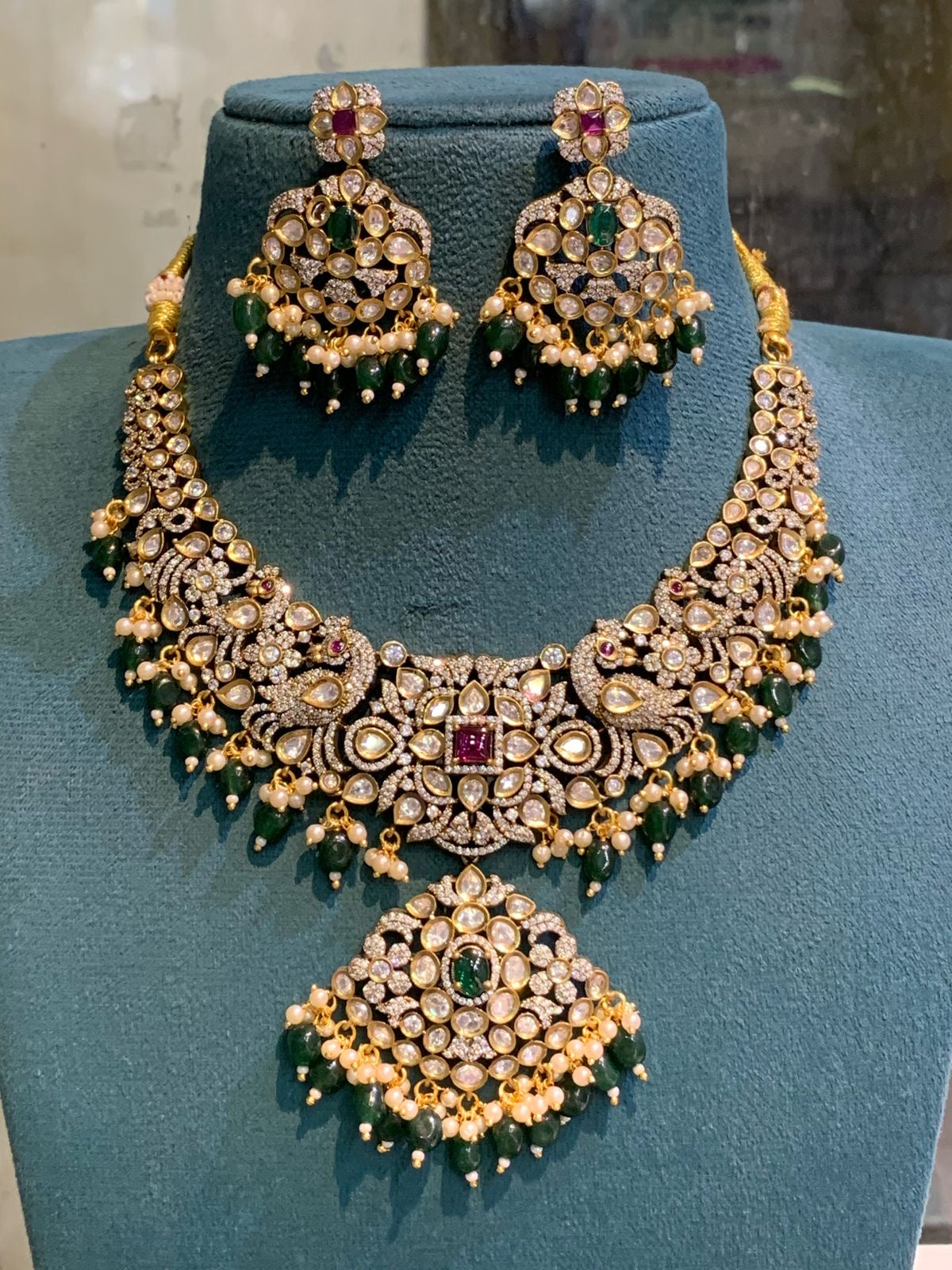 Bridal Victorian Opulence: Peacock Cz Stone  Necklace With Earrings