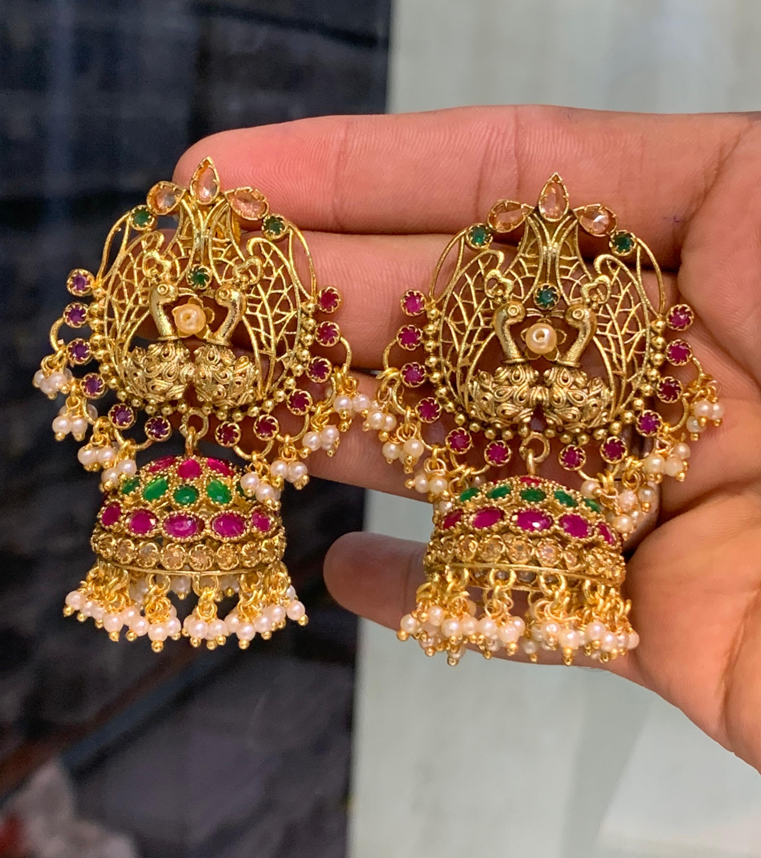 Premium Matte Finish Bridal Jhumkas -Classy Peacock Motif Guttapushalu Earrings