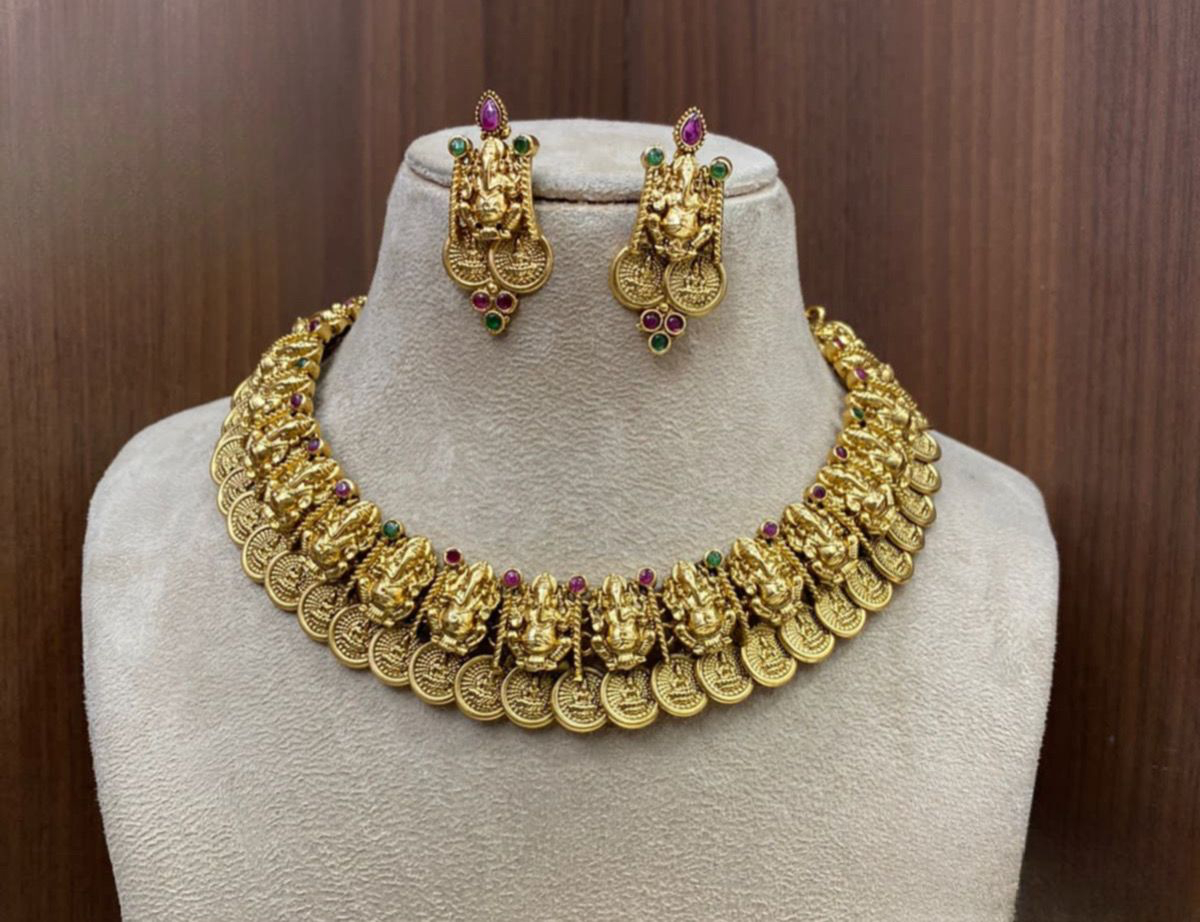 Premium Antique Finish Temple Jewelry Ganesha Kasu Necklace Earrings set