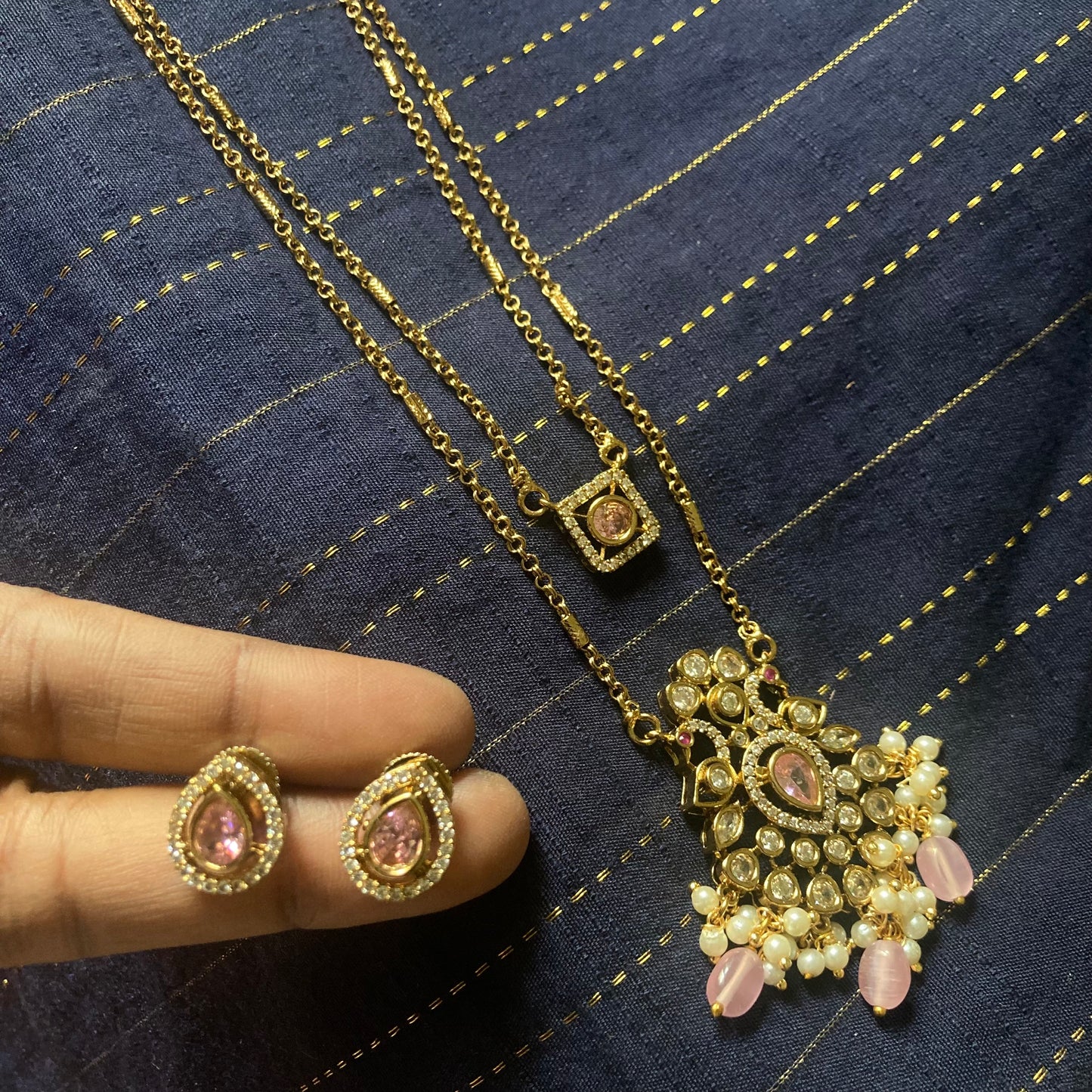 Premium Victorian Two Layered Necklace Set With Studs- Pink