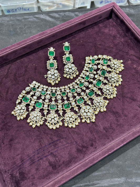 Exquisite Victorian Finish Moissanite Bridal Choker Necklace With Earrings- White, Pink, Green, Red