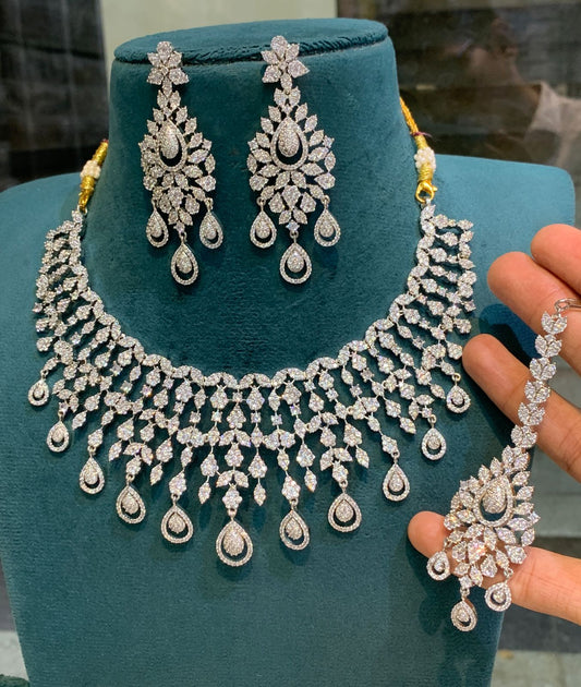 Beautiful American Diamond Necklace with Earrings and Tikka- Silver white