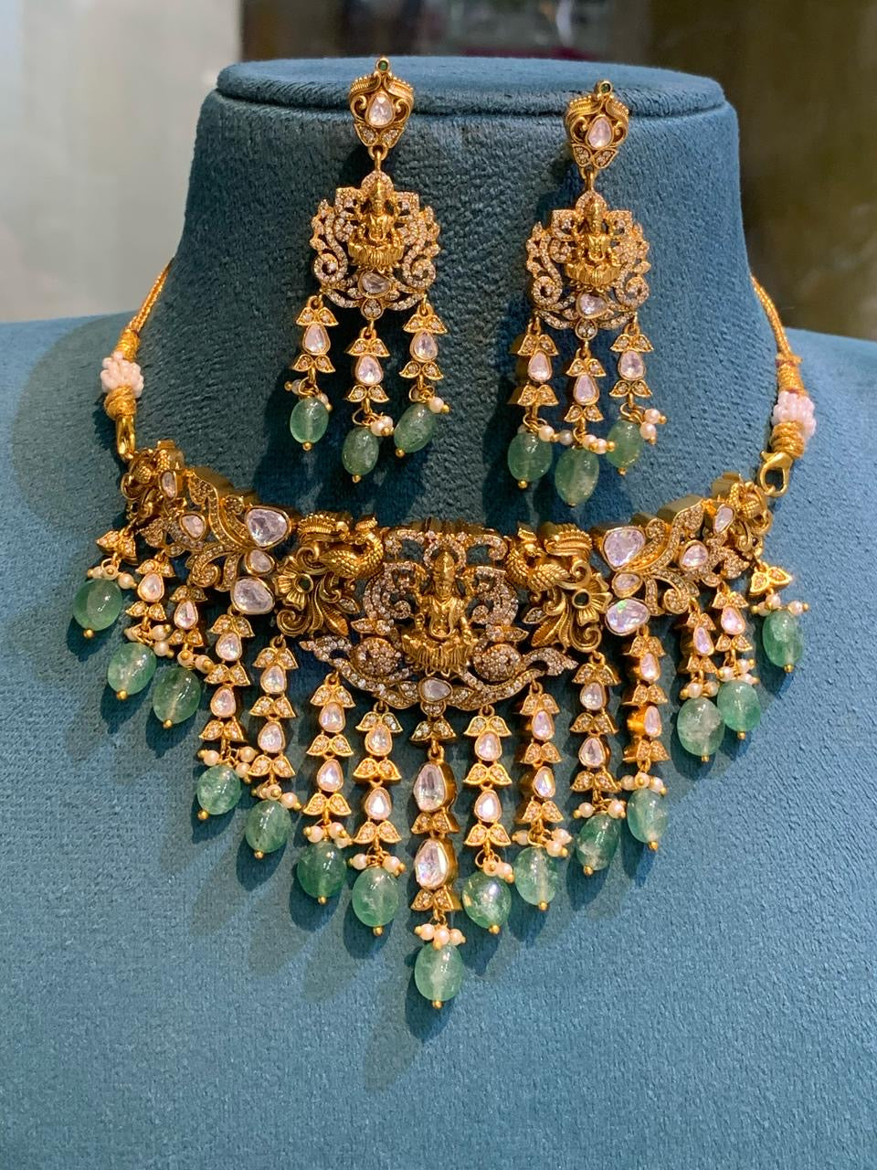 Exquisite Temple Jewelry Premium Finish Bridal Polki Choker Necklace With Earrings- Mint Beads